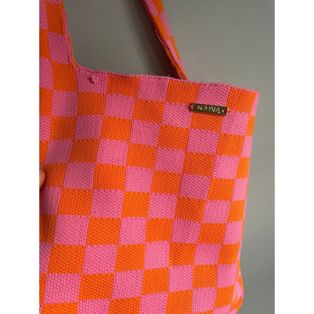 Kopari Knit Mini Tote Pink Orange 11" tall x 13.5" wide Retro Funky Checkered - Picture 2 of 7